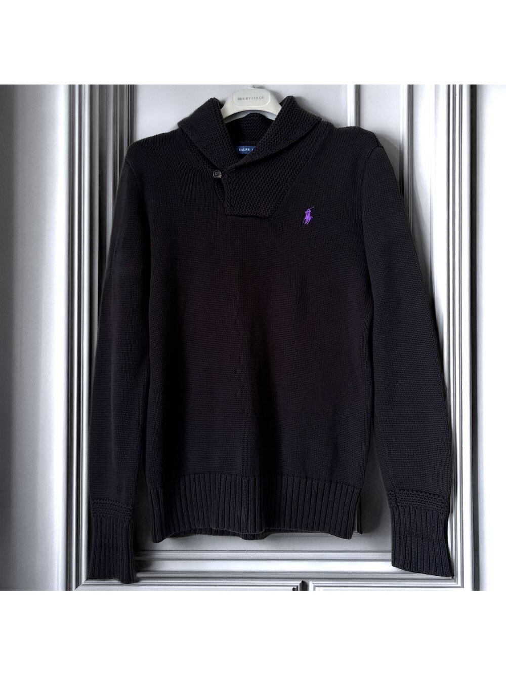 Ralph Lauren Shawl Collar Sweater Black Purple Pony Cotton Women's M